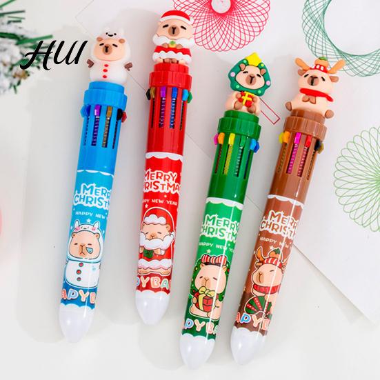 Marker Pen Set Christmas 10-Color Ballpoint Santa Snowman Topper Designs Multi-Color Festive Themed Writing Tool Fun Holiday Gift for Students Friends