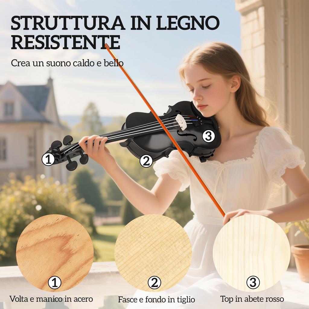 4/4 Spruce and Maple Violin with Case, Bow, Shoulder Rest, and Rosin. Black