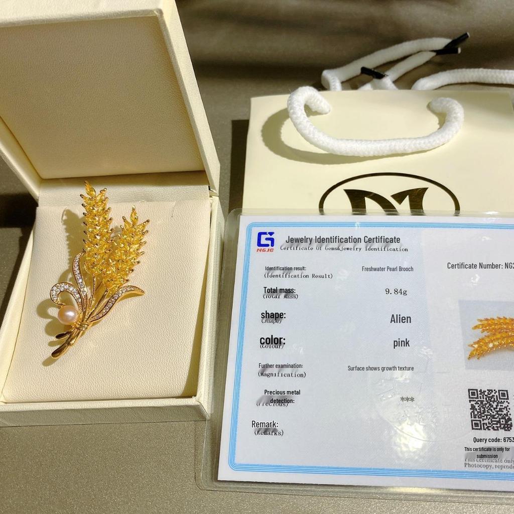 Элегантная брошь в виде золотистой пшеницы с жемчугом: Роскошный медный циркон DIY аксессуар для одежды