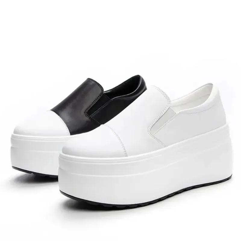 Fashion 8CM Casual Shoes Women's New Platform Heel Women Round Toe 2024 White Shoes Fashion Breathable Thick Bottom Slip Loafers Women