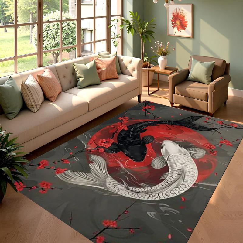 Blossom Koi Fish Area Rug Soft Non Slip Traditional Japanese Style Floor Mat For Living Room Bedroom Office Home Decoration