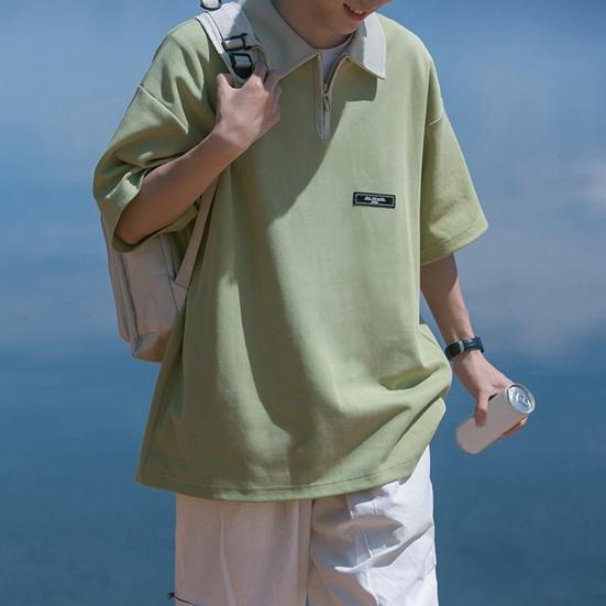 Spring Men Cargo Shirt Turn-down Collar Half Zipper Loose Japanese Style Mid Length Solid Color Half Sleeves Pullover Streetwear Outdoor Top