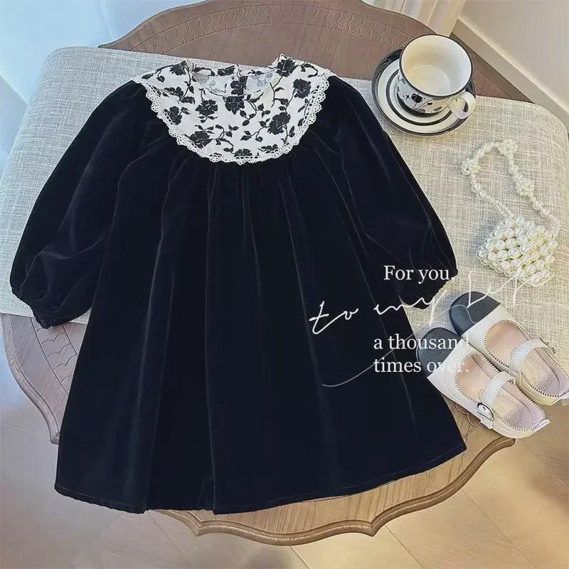 Hepburn-Style Retro Velvet Floral Princess Dress for Girls - Long-Sleeved, Perfect for Spring and Autumn, Korean Design.