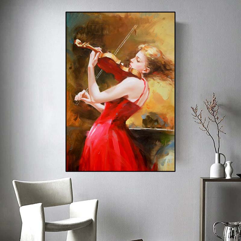 Рамка из цельного дерева, современная винтажная игра на пианино для девочек, картина маслом на холсте, постеры и принты, настенная картина для декора гостиной