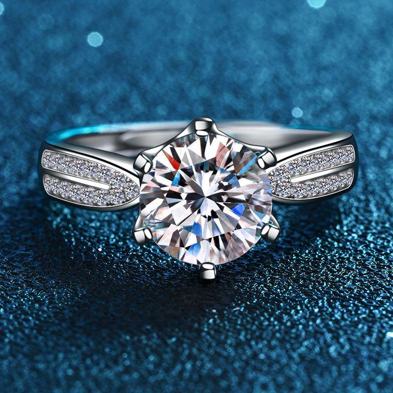 S925 Sterling Silver 2 Carat Starlight Queen Ring Women'S 18K White Gold Bilateral Inlaid Diamond Ring Classic Six-Claw Open Ring