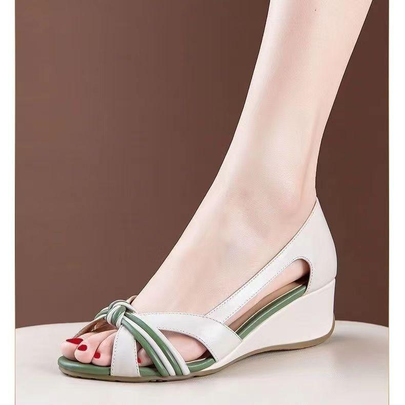 Fashion Spring Summer New Women's Shoes Simple Hollow Breathable Fish Mouth Exposed Slipping Slope Heel Spliced Women's Elegant Sandals