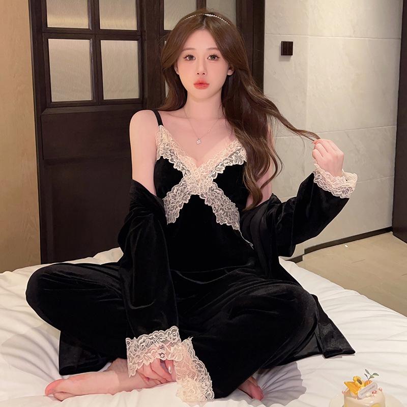 Новый осенне-зимний пижамный комплект на гусином пуху, пижама, сексуальная кружевная кайма, женское платье-кимоно-халат, свободный повседневный пижамный комплект, домашняя одежда