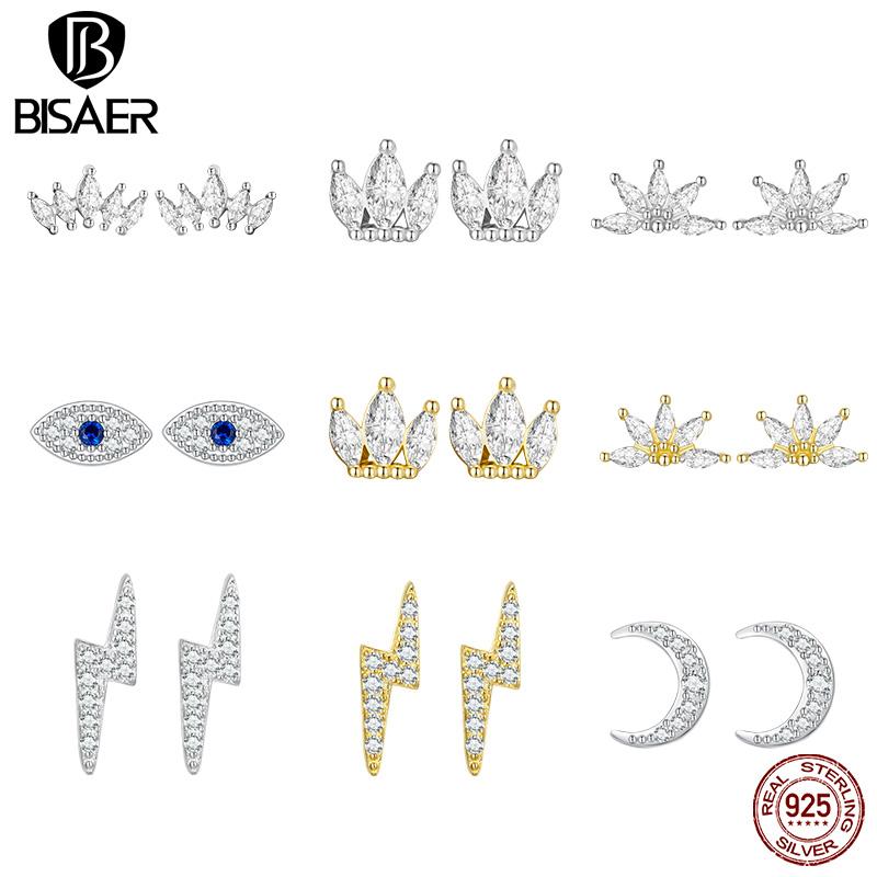 Bisaer 925 Sterling Silver Lightning Stud Earrings for Women Fashion Earrrings Jewerly Wedding Gift Sparkling Ear Studs