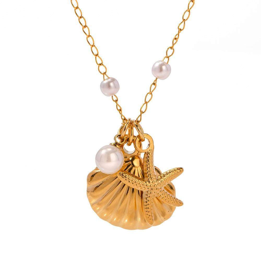 MHS.SUN Starfish Shell Conch Pendant Necklaces For Women Men Stainless Steel Trendy Chain Choker Beach Party Jewelry Summer