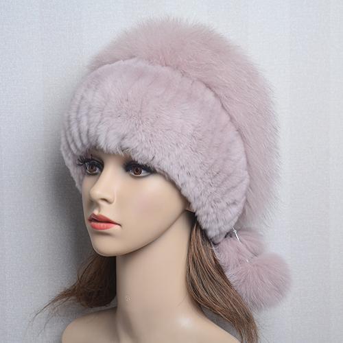 New Lady Winter Warm Natural Rex Rabbit Fur Hat Women Elastic Soft Handmade Knitted Real Fur Cap Fox Fur Beanies Hats