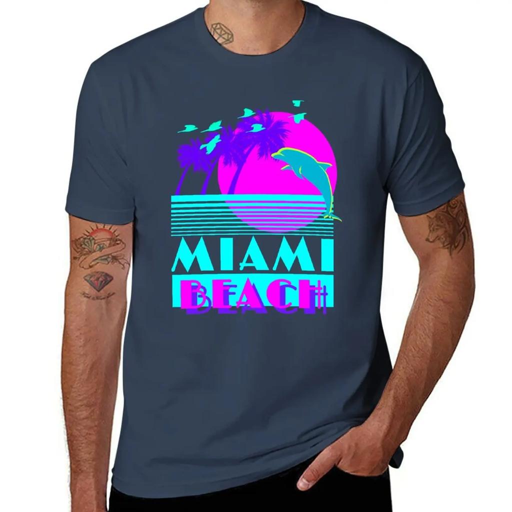 New Miami Beach Dolphin Retro T-Shirt black t shirts custom t shirts Short sleeve designer t shirt men