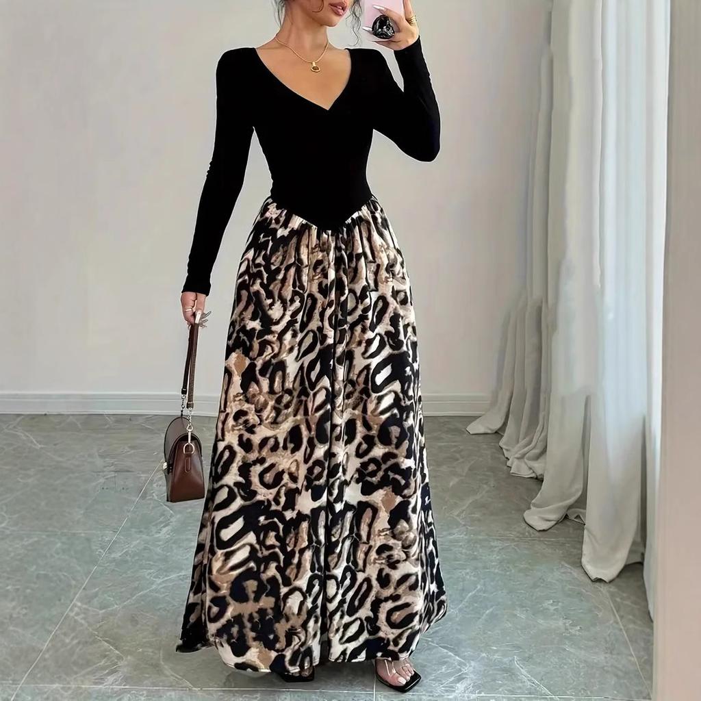 Spring Women Vintage Sexy High Waist Slim Clashing Elegant Leopard Print V-Neck Dresses