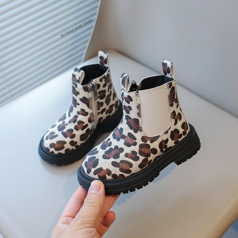 Children's Short Boots Leopard Print Chelsea Boots New Autumn Trend Runway Baby Platform Chimney Shoes for Kids Girl I08025