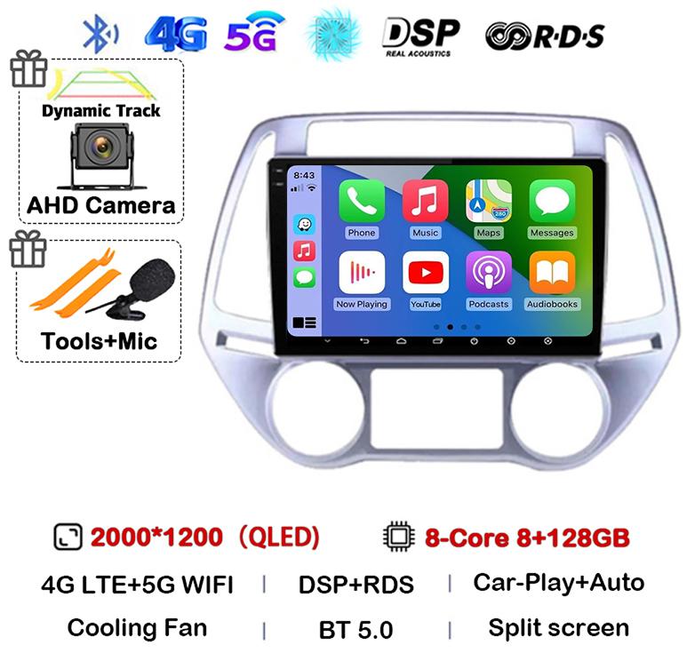 Android 14 Carplay Auto WIFI+4G Автомагнитола Для Hyundai i20 2008 - 2014 Стерео GPS Мультимедиа Видеоплеер 2 Din DVD 360 Камера BT