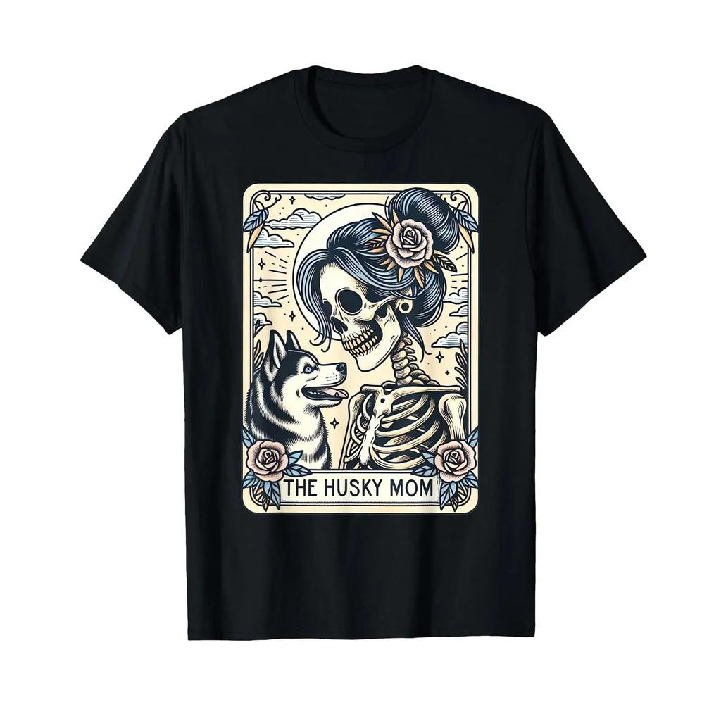 Cute Siberian Husky Mom Tarot Card Skeleton Mama Dog T Shirt Vintage Washed Breathable Stretched Versatile Soft