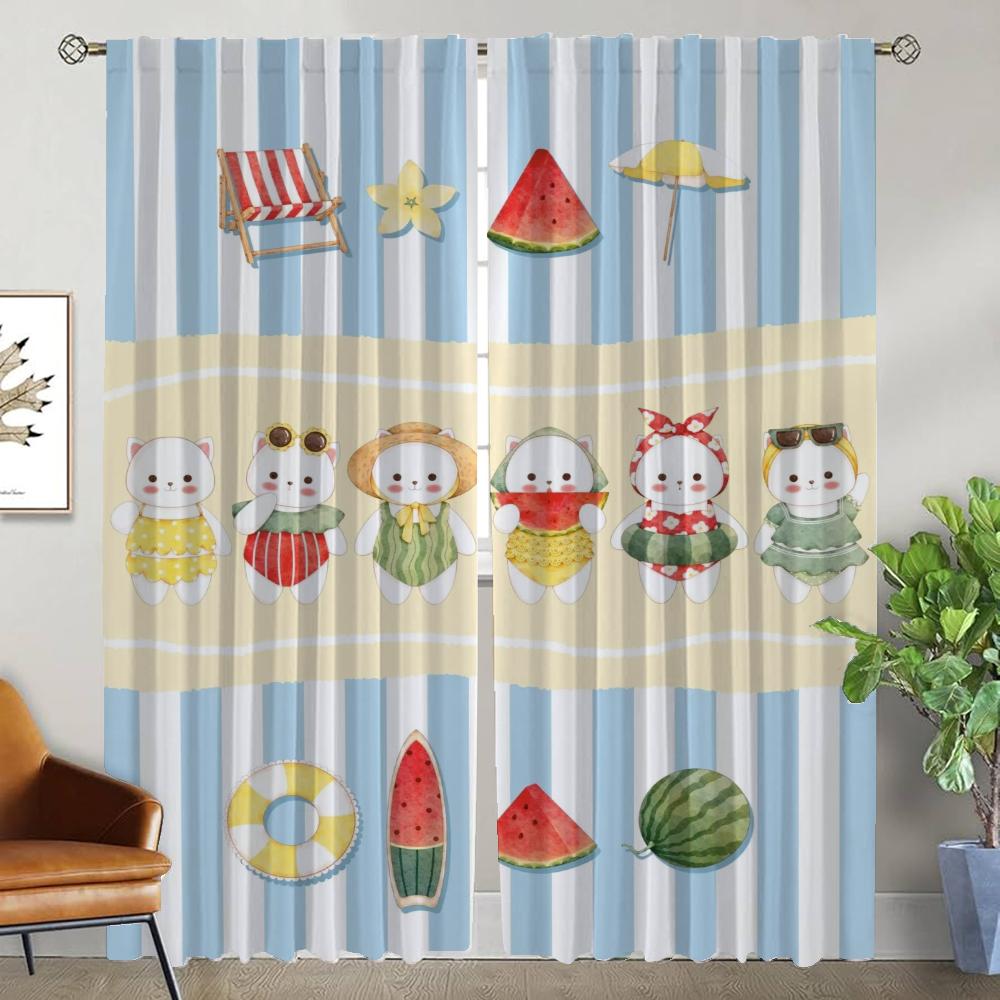 Watermelon Kitty Blackout Curtains for Living Room Partition Shades Home Interior Curtains 2 Pieces Window Curtain Kitchen Child