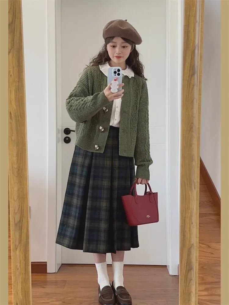 2023 Новая женская юбка А-силуэта из французской шерсти в клетку с плиссе на осень и зиму