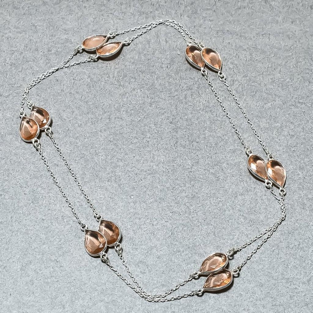 Lab Created Morganite Necklace 36" Chain Silver Finish Pear Cut Gemstone Jewelry
