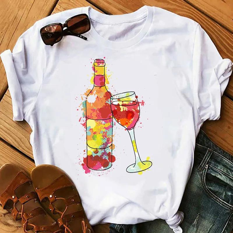 Wine Glass Wine Glass Print Short Sleeve T Shirt Women Vintage Tops Harajuku Graphic T-shirts Aesthetic Clothes Tee
