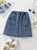 Single-piece girls' denim skirt, casual, classic, retro, stylish, distressed, frayed edges, snowflake wash, blue.