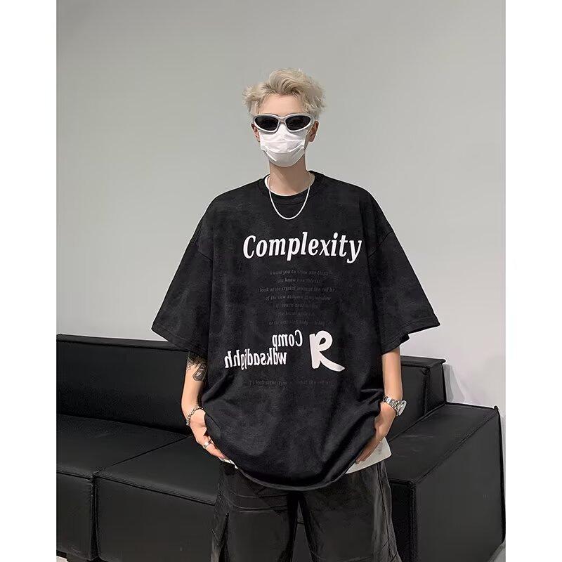 Летняя американская ретро-печать с коротким рукавом, мужская модная рабочая рубашка с круглым вырезом, свободный крой