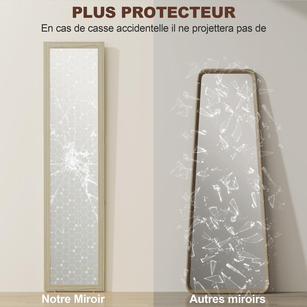 Full-Length Floor Mirror, Freestanding, Wall-Mounted, 37 x 37 x 154 cm, Natural Wood