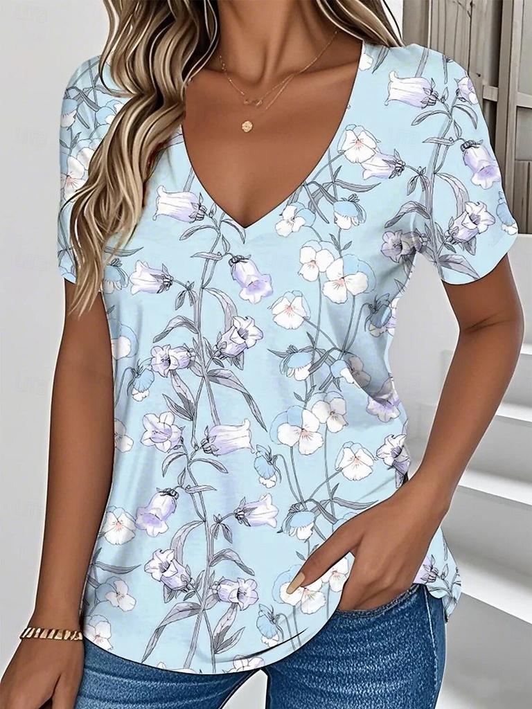 3D Printed Short Sleeve Floral Retro Printed Women's V-Neck Pullover T-Shirt Summer Loose Women's Casual Short Sleeve Top