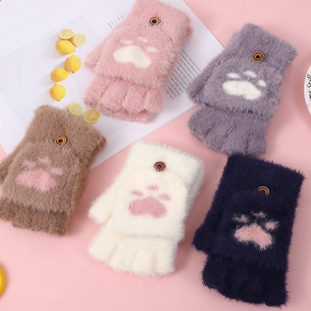 Soft Cat Paw Gloves Thicken Warm Plush Mittens Cartoon Style Half Finger Gloves Adults
