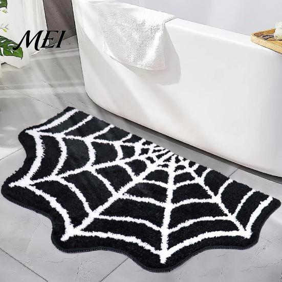 Easy to Clean Area Rug Spider Web Bath Mat, Halloween Gothic Bathroom Rug, Non-slip Washable Laundry Room Black Bat for Home Entrance Bedroom