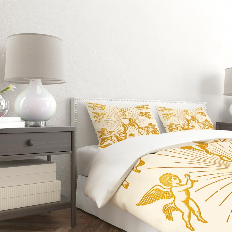 Sacred Coffee Duvet Cover Set Golden Sunburst Angel Hands Holding Coffee Cup Print Quilt Cover Set Retro Cozy Bed Set Decor Gift