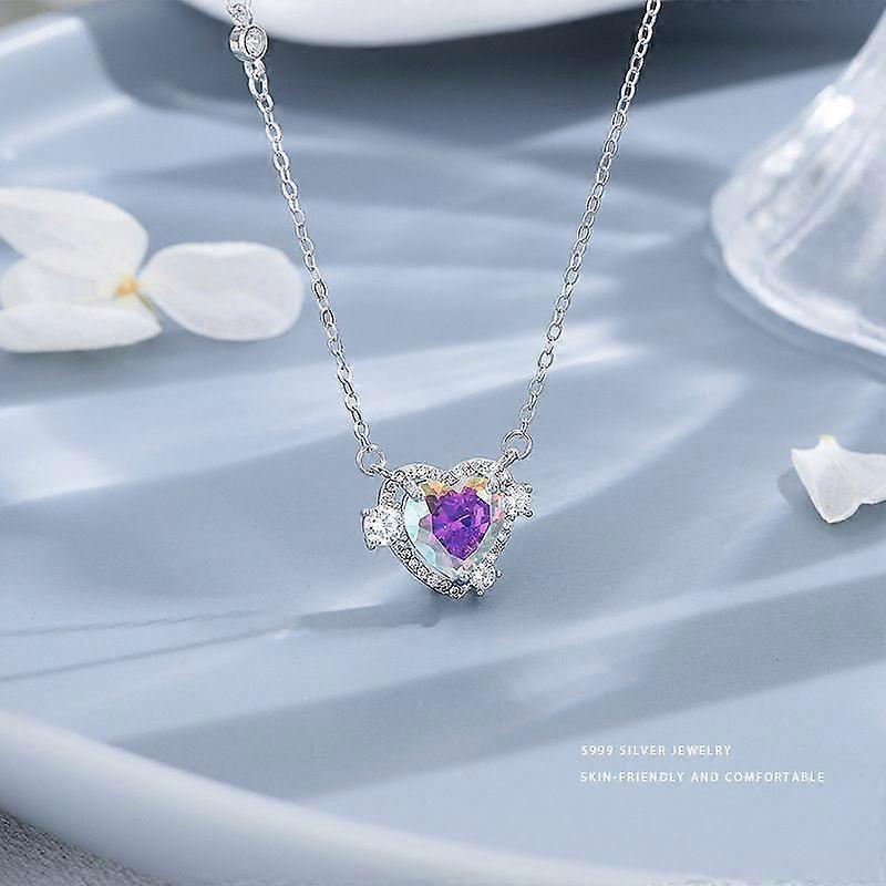 Love Necklace - White AB Color Diamond Pure Silver S999 Pure Silver Fantasy Pink Diamond Love Necklace Female Sweet Girlish Design Clavicle Chain