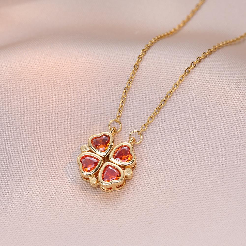 Women's Japanese Korean Folding Fashion Two-Wearing Four-Leaf Flower Heart-to-Heart Clavicle Necklace Zircon Copper Water-Wave