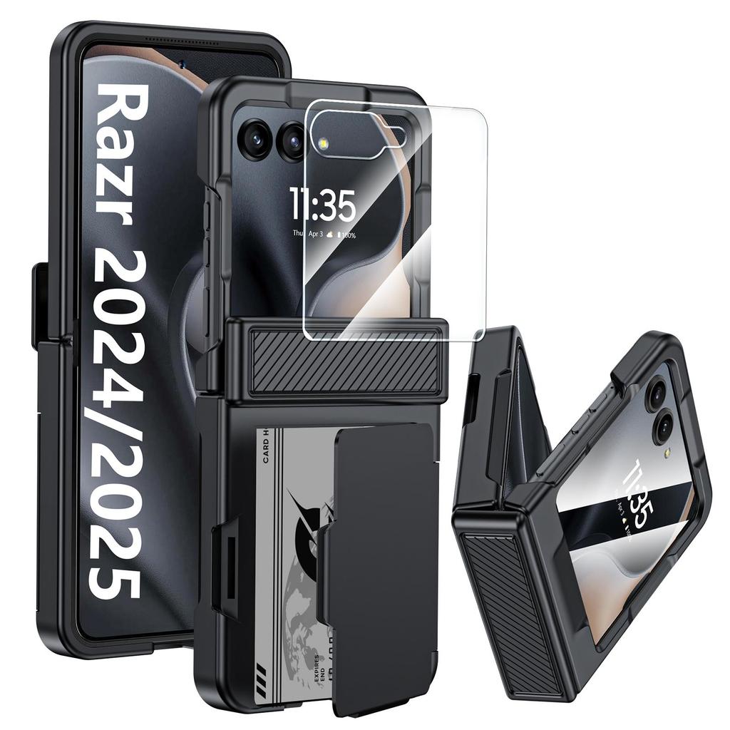 Для Motorola Razr 50/60 с держателем для карт [RFID-блокировка] и защитой шарнира и HD-защитой экрана, Прочный противоударный чехол для телефона - Синий