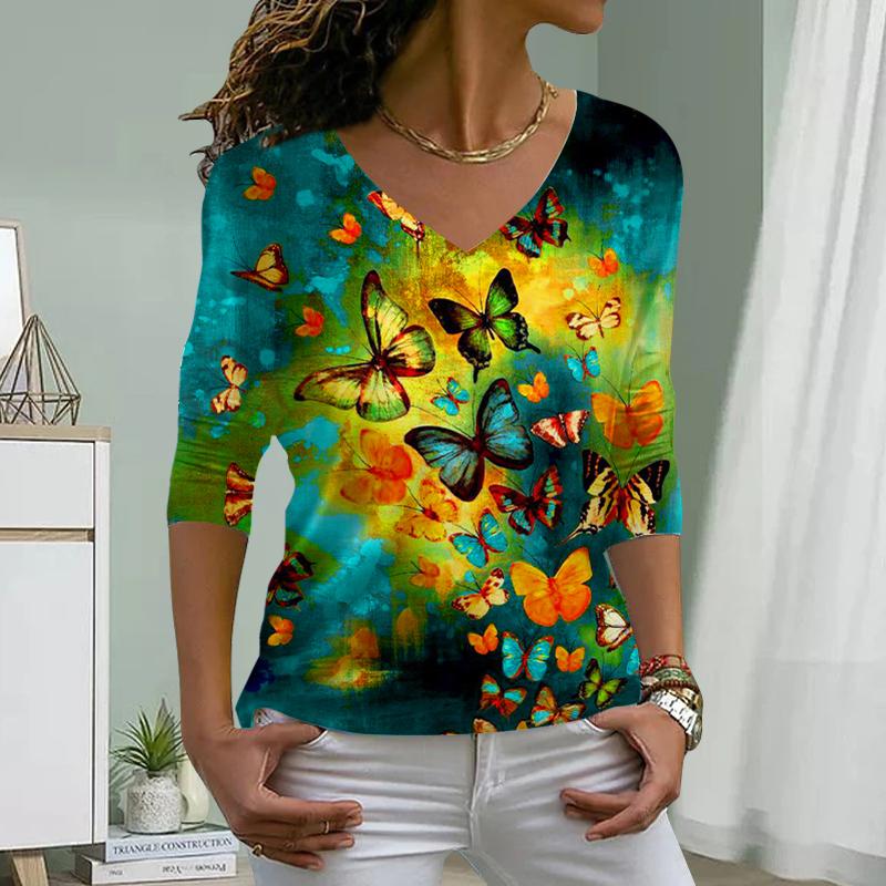 Autumn Butterflies Print Women Tshirts Ladies Tops Long Sleeve V-neck Pullover Femme T-shirts T Shirt For Women