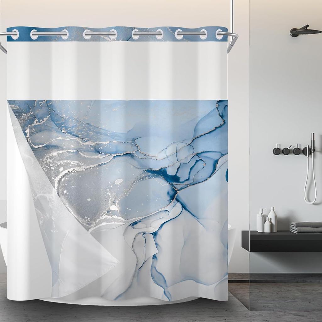 No Hooks Needed Blue Marble Shower Curtain Set with Snap-in Liner, Modern Abstract Shower Curtains for Luxury Hotel Grade Spa-Like Bathroom Decor