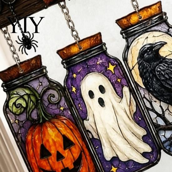 Waterproof Acrylic Hanging Sign Halloween Suncatcher, Stained Glass Style Pumpkin Ghost Potion Bottles Window Seasonal Display Props Decor, Gothic Sun