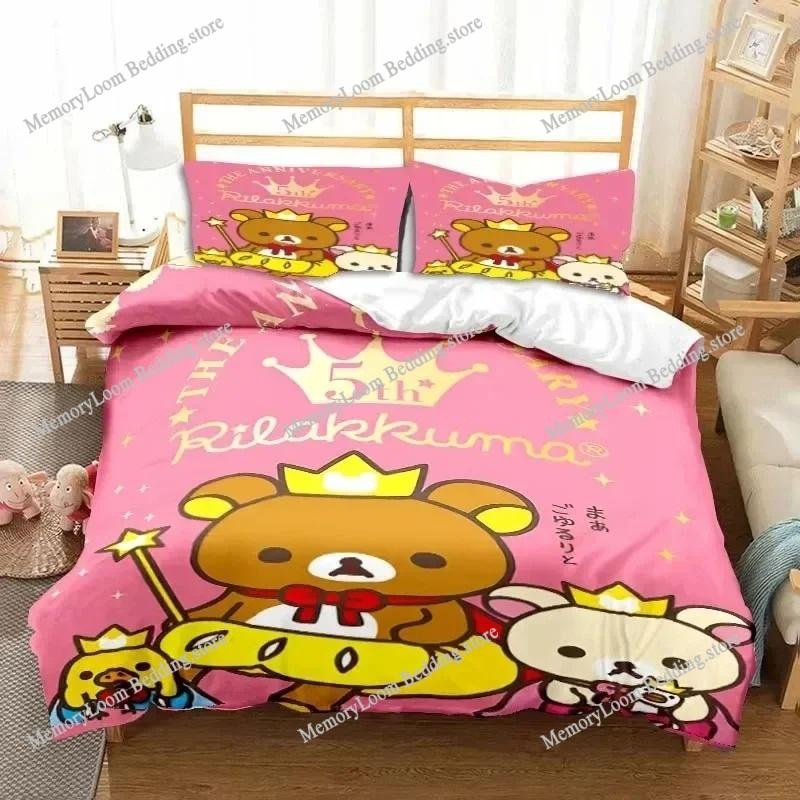 Anime Character Cute Rilakkuma Bear Bedding Set Full/Queen/King Size Duvet Cover Pillowcase Kids Adult Soft Home Textile Set