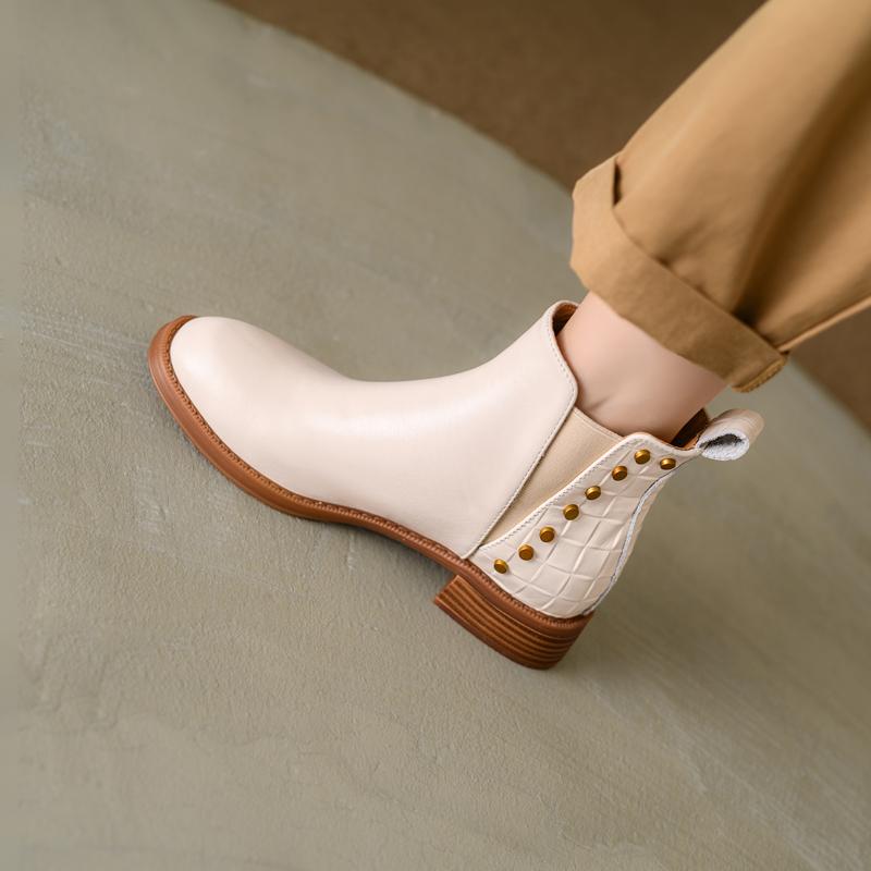 Мода 2025 Осень/Зима Женские Ботинки Натуральная Кожа Женская Обувь Круглый Носок Массивный Каблук Ботильоны Современные Ботинки Челси