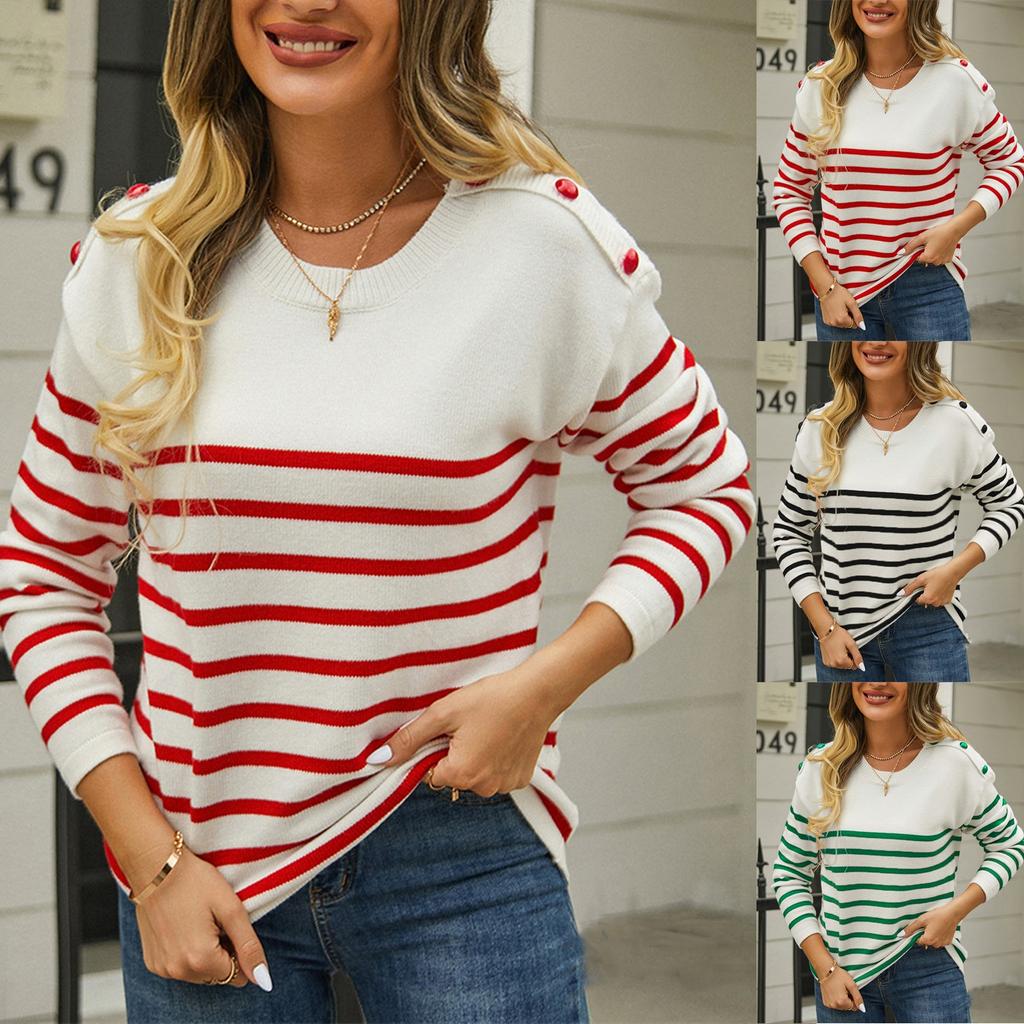 Women's Casual Fashion Comfortable Round Neck Pullover Contrast Color Striped Long Sleeve Street Trend Knitted Sweater