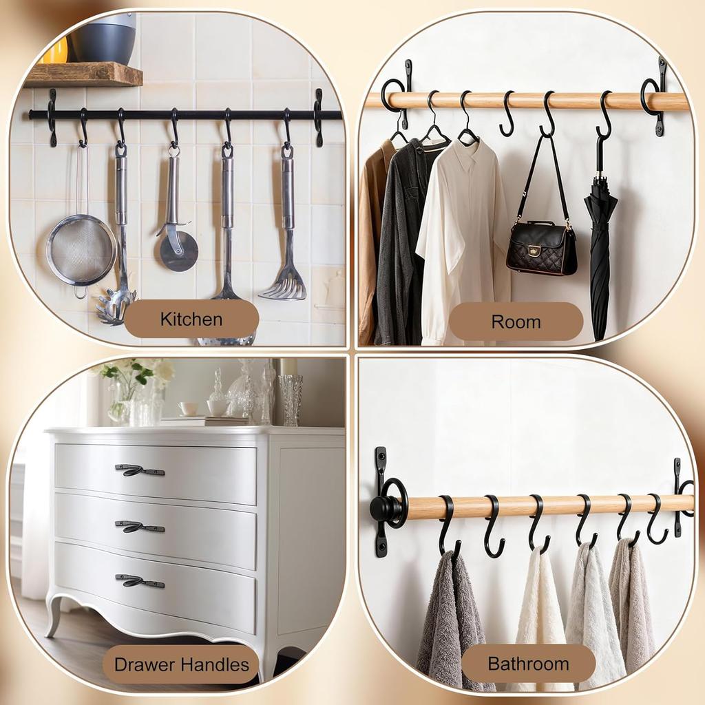 Yookeer 4 Pcs Curtain Rod Brackets Black Hand Forged Metal Curtain Rod Wall Holder Hanger Rustic Closet Support with Screws for 1.5in Diameter Rods