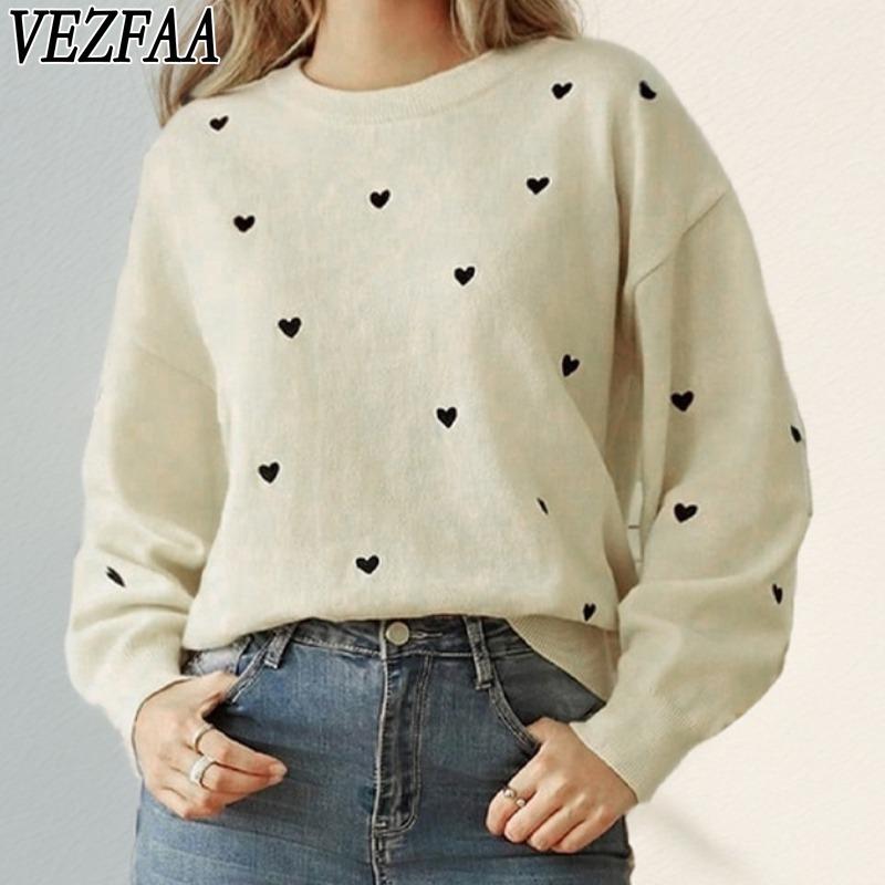 VEZFAA Женская мода повседневная осень-зима с принтом любовных букв, с длинным рукавом и круглым вырезом