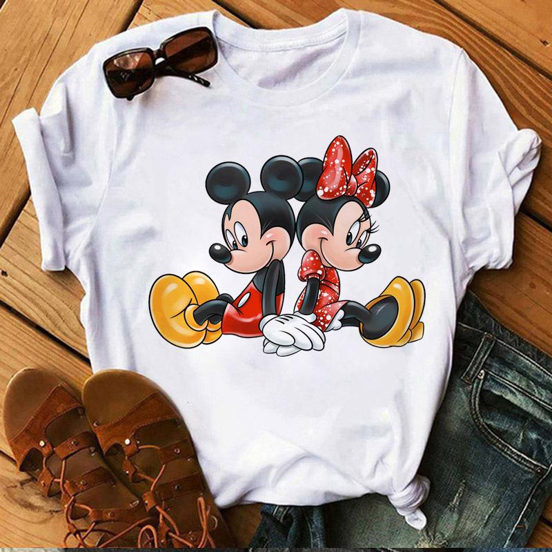 Unisex Mickey and Minnie Print T-shirt Casual Round Neck Short Sleeves T Shirt Summer Casual Clothing Top Black Tee