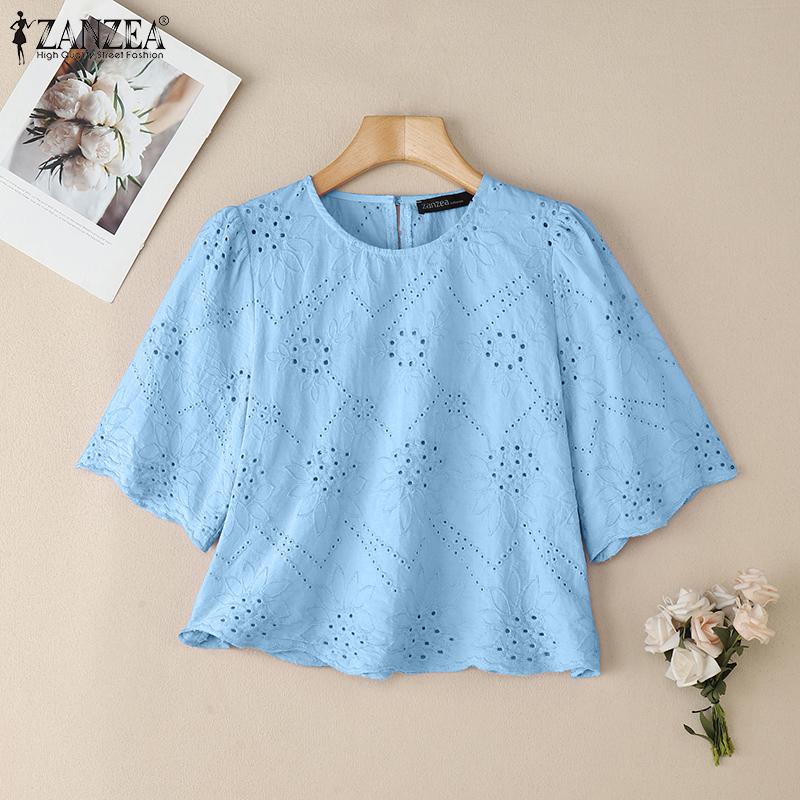 ZANZEA Женская повседневная летняя блузка с круглым вырезом и коротким рукавом с кружевной вышивкой
