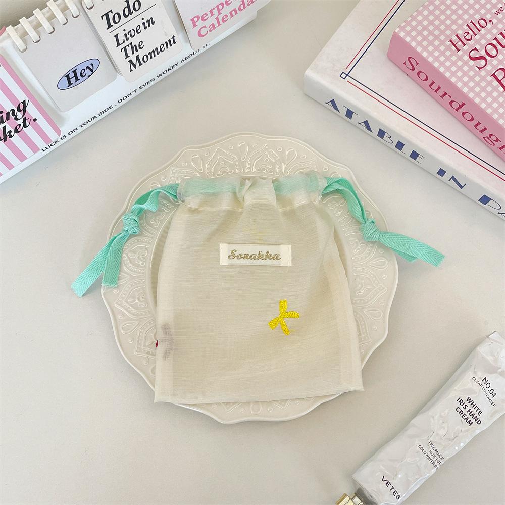 Fresh Mesh Splicing Drawstring Pocket Bow Embroidered Lipstick Jewelry Portable Storage Bag