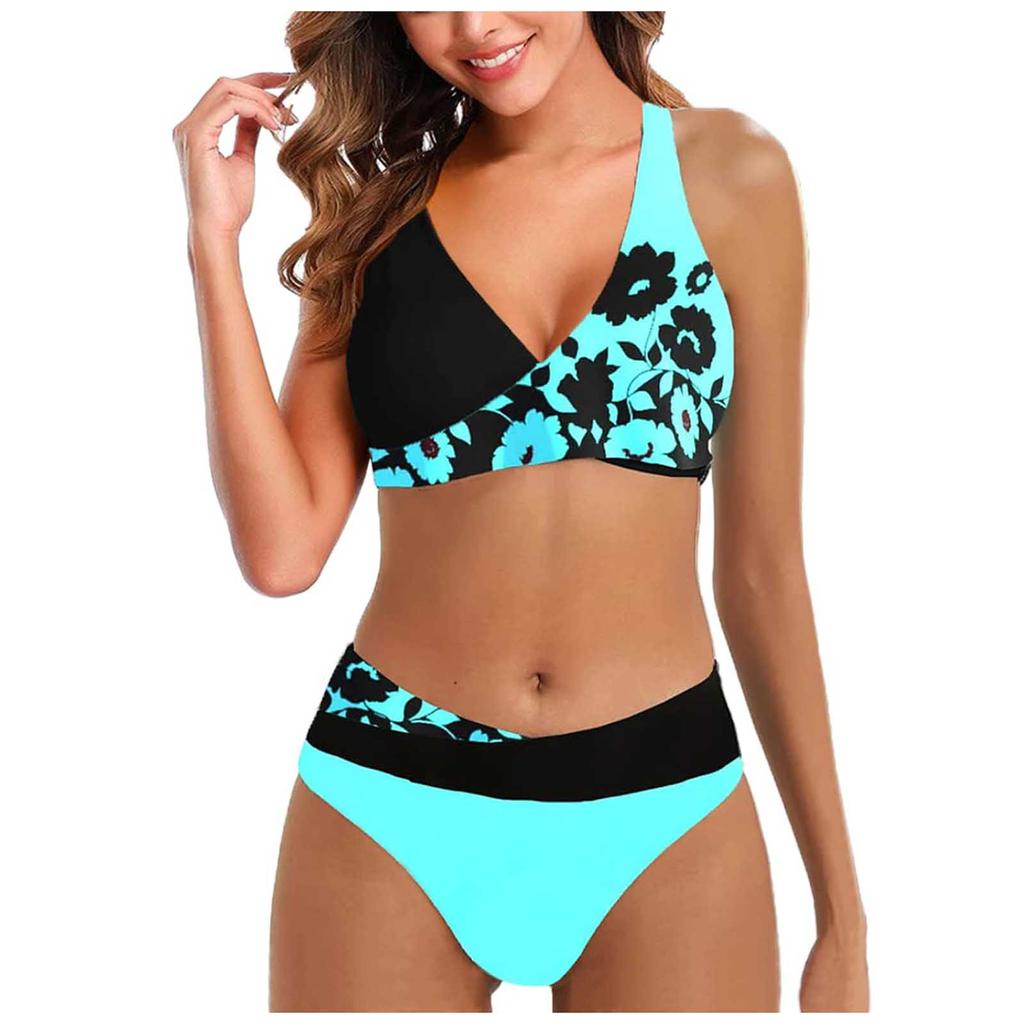 Women's Fashion Split High Waist Printed Bikini With Bra Pads And No Steel Bra Swimsuit