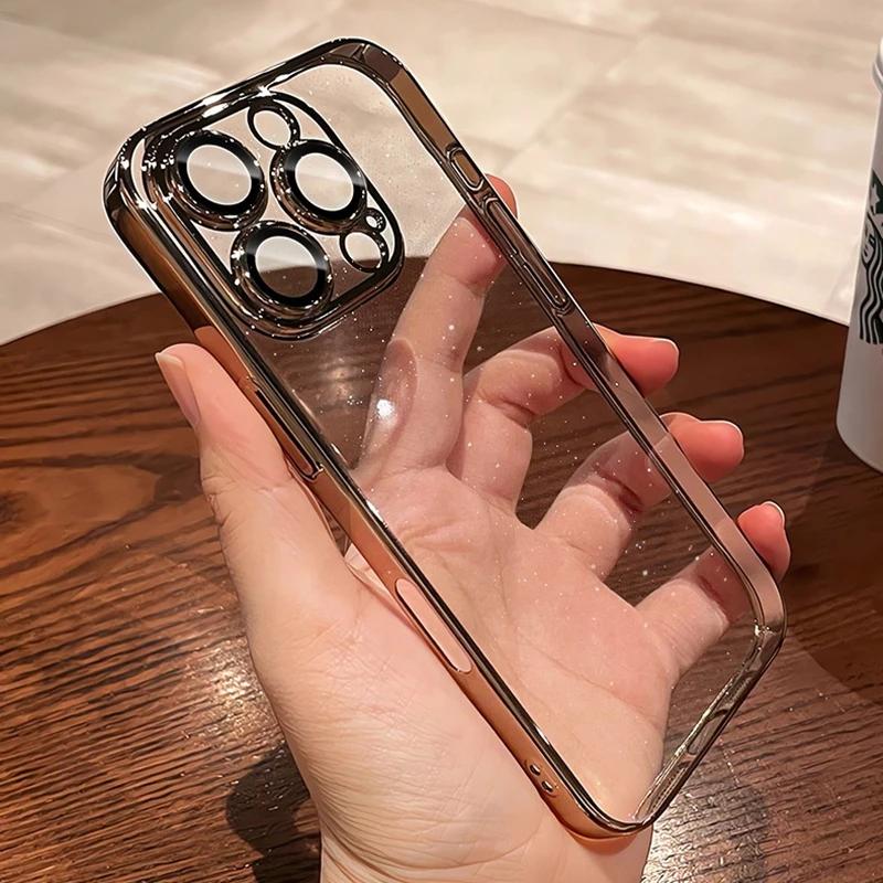 Блестящий прозрачный жесткий тонкий чехол из поликарбоната для iPhone 16 15 14 Pro Max Plus 13 12 11 С покрытием Прозрачный защитный чехол для камеры Ультратонкий чехол