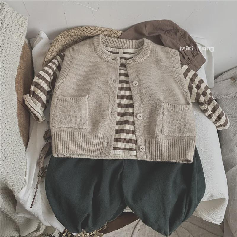 Forest Style Kids' Knitted Vest: Solid Color Versatile Sweater Cardigan for Boys & Girls - Perfect for Spring & Autumn Trends