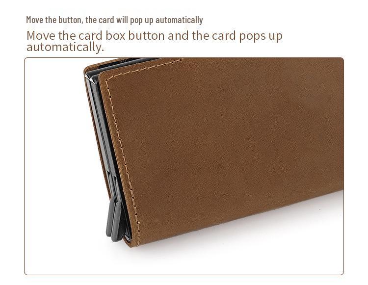 Винтажный 2025 Мужской Двухслойный Картхолдер из Кожи Crazy Horse с Выдвижным Механизмом на Кнопке и Алюминиевой Клипсой