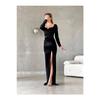 Women's Long Sleeve Long Slit Evening Dress Winter Fabric Elegant Wedding Evening Dress Velvet Dress Black Color