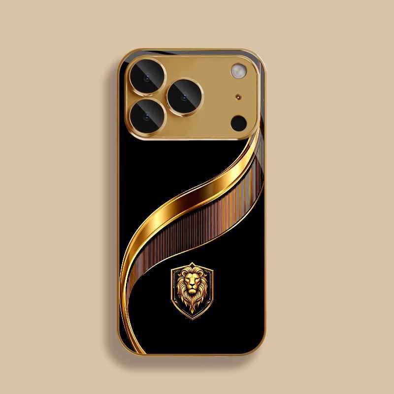 Стеклянный чехол для телефона 'Золотой Лев Щит' Подходит для iPhone 17 16 15 14 13 12 11 Pro Max Plus Защита от падений и ударов Задняя крышка